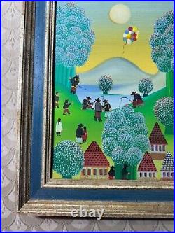 Vintage Primitive/Folk Art Landscape With Figures Oil Painting Signed/Framed