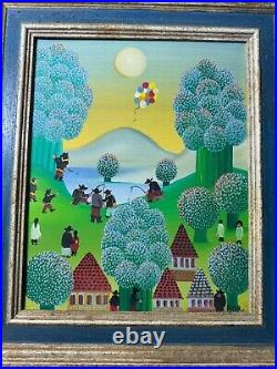 Vintage Primitive/Folk Art Landscape With Figures Oil Painting Signed/Framed