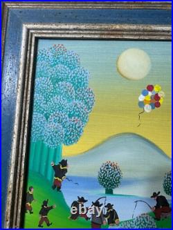 Vintage Primitive/Folk Art Landscape With Figures Oil Painting Signed/Framed