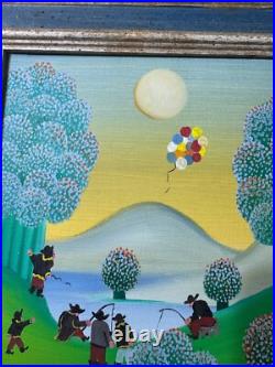 Vintage Primitive/Folk Art Landscape With Figures Oil Painting Signed/Framed