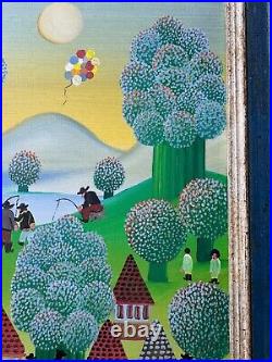 Vintage Primitive/Folk Art Landscape With Figures Oil Painting Signed/Framed