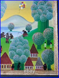 Vintage Primitive/Folk Art Landscape With Figures Oil Painting Signed/Framed