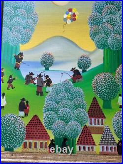 Vintage Primitive/Folk Art Landscape With Figures Oil Painting Signed/Framed