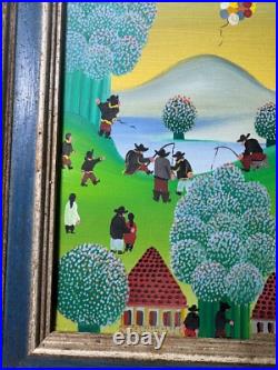 Vintage Primitive/Folk Art Landscape With Figures Oil Painting Signed/Framed