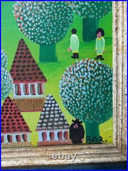 Vintage Primitive/Folk Art Landscape With Figures Oil Painting Signed/Framed