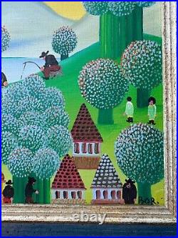 Vintage Primitive/Folk Art Landscape With Figures Oil Painting Signed/Framed