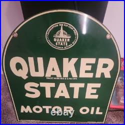 Vintage QUAKER STATE MOTOR OIL Tombstone 2-Sided Painted Sign 26-1/2 x 29 USA