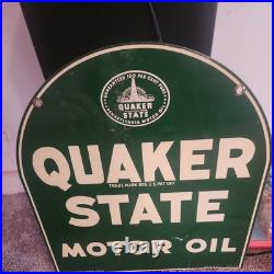 Vintage QUAKER STATE MOTOR OIL Tombstone 2-Sided Painted Sign 26-1/2 x 29 USA