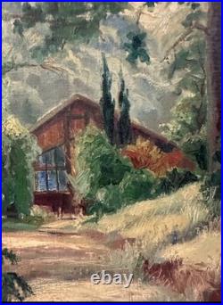 Vintage R. Neubrand Signed Oil Painting Cabin in Forest 1943 Landscape Art