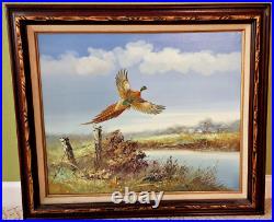 Vintage / Rare Art. X Large Oil Painting Pheasant in Air. Signed by Artist