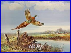 Vintage / Rare Art. X Large Oil Painting Pheasant in Air. Signed by Artist