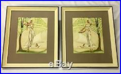 Vintage Rare Original Eric Gill Art Deco Hawaiian Airbrush Painting Pair MCM