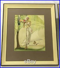 Vintage Rare Original Eric Gill Art Deco Hawaiian Airbrush Painting Pair MCM