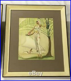 Vintage Rare Original Eric Gill Art Deco Hawaiian Airbrush Painting Pair MCM