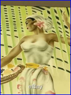 Vintage Rare Original Eric Gill Art Deco Hawaiian Airbrush Painting Pair MCM