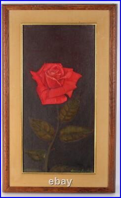 Vintage Red Rose Floral Oil Painting Signed Illegible