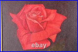 Vintage Red Rose Floral Oil Painting Signed Illegible
