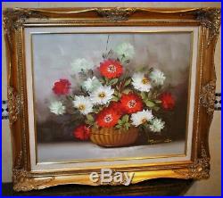 Vintage Robert Cox Large Original Oil Painting Red White Flowers Listed Artist