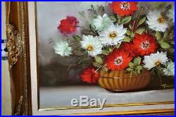 Vintage Robert Cox Large Original Oil Painting Red White Flowers Listed Artist