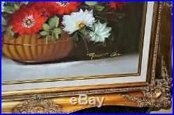 Vintage Robert Cox Large Original Oil Painting Red White Flowers Listed Artist