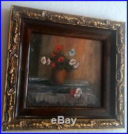 Vintage Romanian painting signed carved wood frame floral flowers 1939-50 Europe