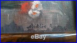 Vintage Romanian painting signed carved wood frame floral flowers 1939-50 Europe