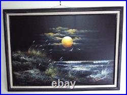 Vintage Romantic Original Seascape Sunset / Sunrise Ocean Oil Painting Signed
