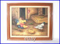 Vintage Roosters And Chickens Farmyard Oil Painting Signed M. Aaron