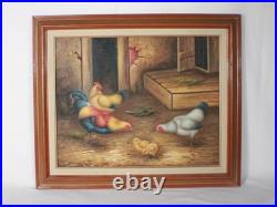 Vintage Roosters And Chickens Farmyard Oil Painting Signed M. Aaron