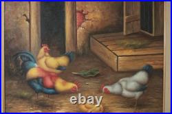 Vintage Roosters And Chickens Farmyard Oil Painting Signed M. Aaron