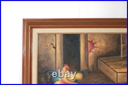 Vintage Roosters And Chickens Farmyard Oil Painting Signed M. Aaron