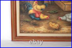 Vintage Roosters And Chickens Farmyard Oil Painting Signed M. Aaron