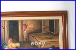 Vintage Roosters And Chickens Farmyard Oil Painting Signed M. Aaron