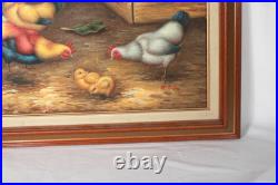 Vintage Roosters And Chickens Farmyard Oil Painting Signed M. Aaron