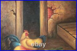 Vintage Roosters And Chickens Farmyard Oil Painting Signed M. Aaron