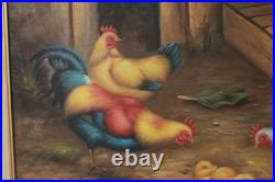 Vintage Roosters And Chickens Farmyard Oil Painting Signed M. Aaron