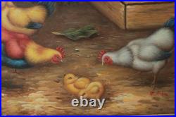 Vintage Roosters And Chickens Farmyard Oil Painting Signed M. Aaron