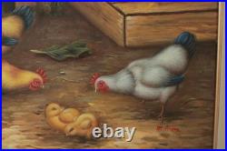 Vintage Roosters And Chickens Farmyard Oil Painting Signed M. Aaron