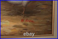 Vintage Roosters And Chickens Farmyard Oil Painting Signed M. Aaron