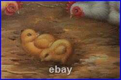 Vintage Roosters And Chickens Farmyard Oil Painting Signed M. Aaron