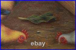 Vintage Roosters And Chickens Farmyard Oil Painting Signed M. Aaron
