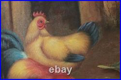 Vintage Roosters And Chickens Farmyard Oil Painting Signed M. Aaron