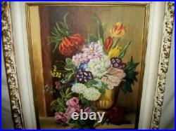 Vintage Roses Floral Oil Painting Ornate Frame Study Flanders School Stunning