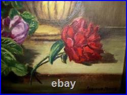 Vintage Roses Floral Oil Painting Ornate Frame Study Flanders School Stunning