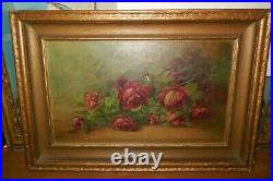 Vintage Roses On Table /oil On Canvas/gold Framed/25 X18/ Signed L. M. Miller