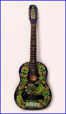 Vintage Russian acoustic 7 string guitar hand painted signed artist 1980s USSR