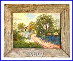 Vintage Rustic Framed Folk Art Bluebonnet Oil Painting, Signed Fan Killion