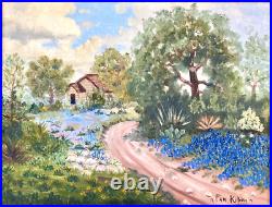 Vintage Rustic Framed Folk Art Bluebonnet Oil Painting, Signed Fan Killion