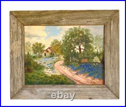 Vintage Rustic Framed Folk Art Bluebonnet Oil Painting, Signed Fan Killion