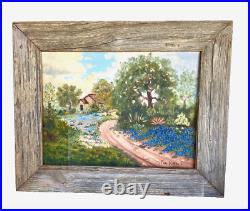 Vintage Rustic Framed Folk Art Bluebonnet Oil Painting, Signed Fan Killion